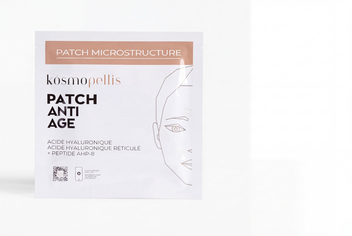 Pochette individuelle du Patch Anti-Âge KŌSMOPELLIS (2 patchs) sur fond blanc