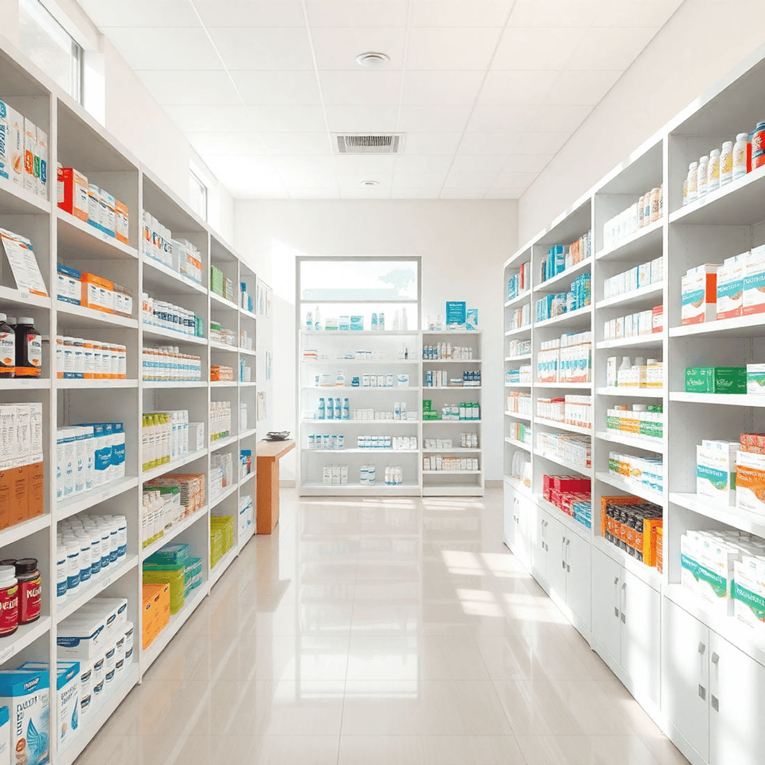 Intérieur lumineux de pharmacie avec des étagères bien organisées de produits de santé et un éclairage naturel doux créant une atmosphère calme et digne de conf
