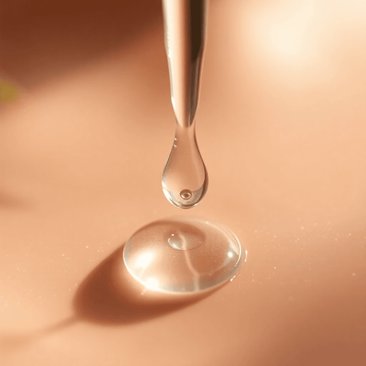 Gros plan d'une goutte lumineuse de sérum à l'acide hyaluronique sur une peau lisse et radieuse, avec une lumière douce, entourée de gouttes d'eau et d'éléments