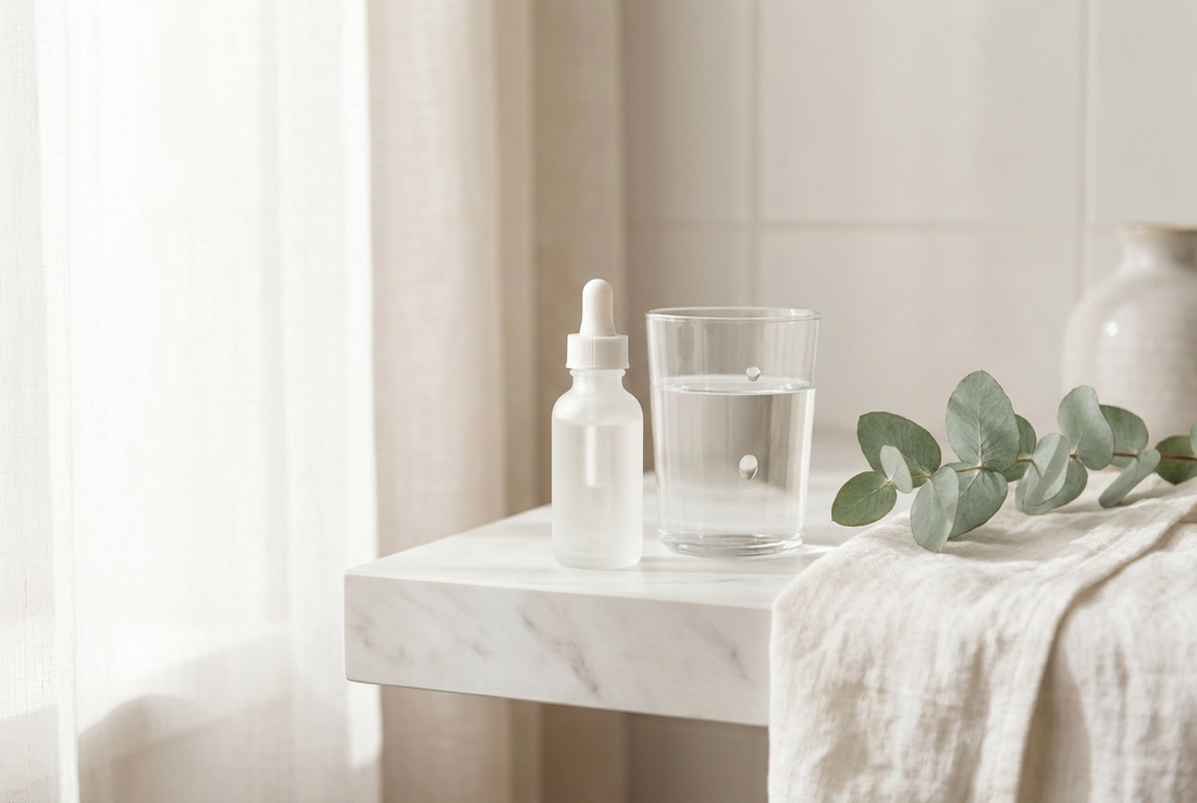 Étagère de salle de bain épurée en lumière douce, illustrant la routine du soir pour réparer sa peau après l'été