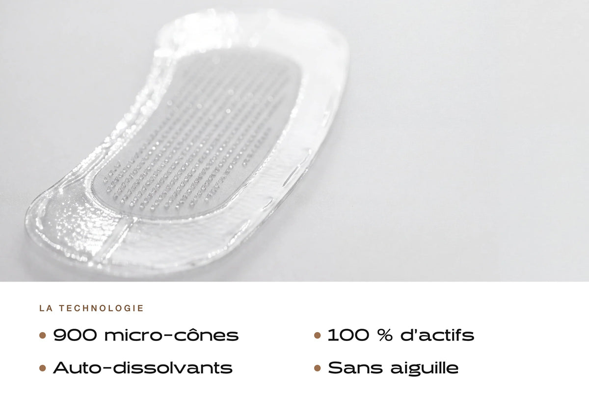 Gros plan du patch anti-âge : 900 micro-cônes, 100 % d'actifs, auto-dissolvants, sans aiguille