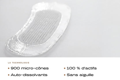 Gros plan du patch anti-âge : 900 micro-cônes, 100 % d'actifs, auto-dissolvants, sans aiguille
