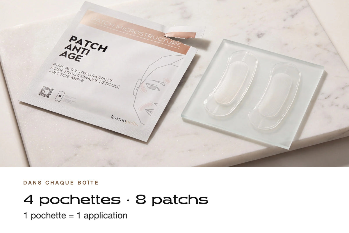 Contenu de la boîte Patch Anti-Âge : 4 pochettes, 8 patchs, 1 pochette par application