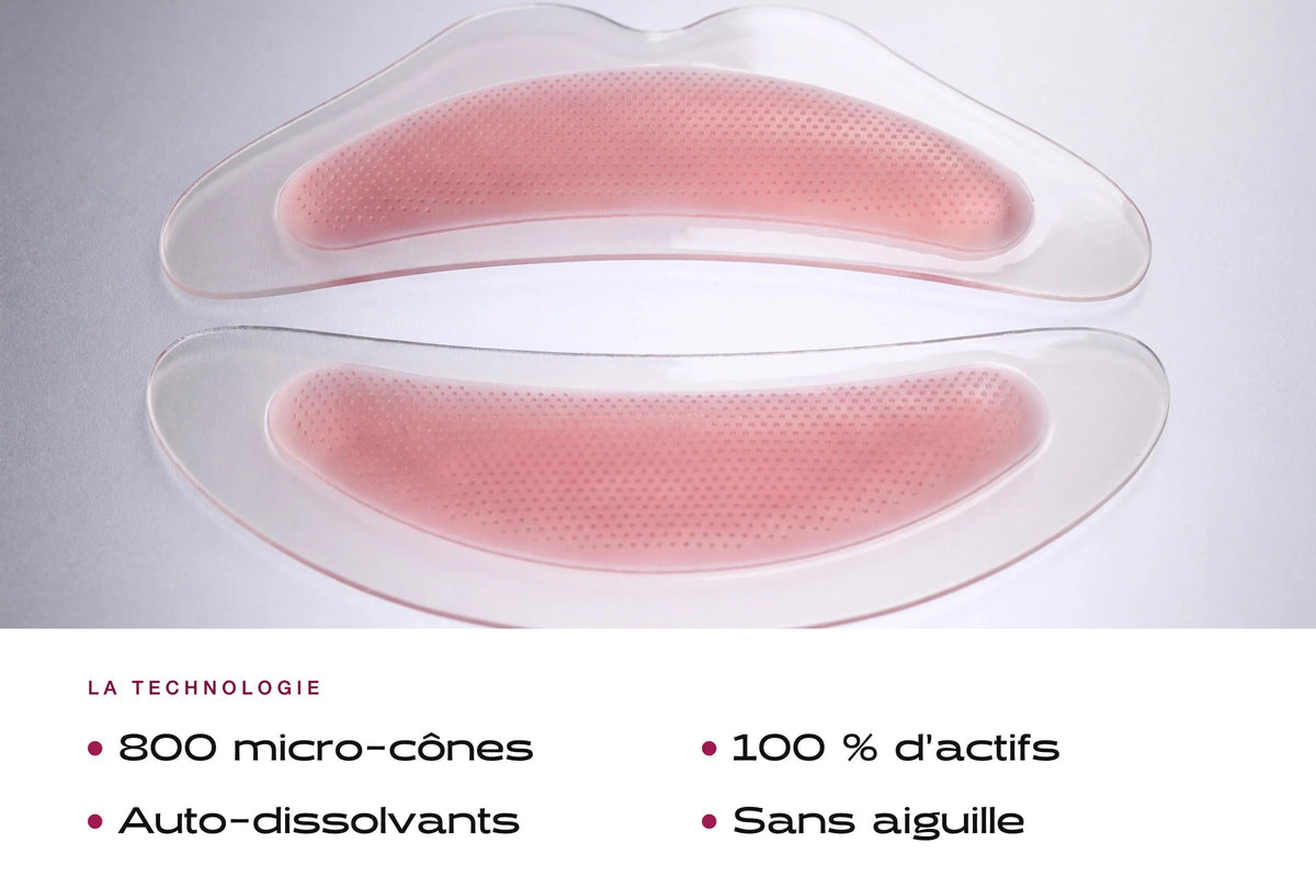 Gros plan des patchs lèvres : 800 micro-cônes, 100 % d'actifs, auto-dissolvants, sans aiguille