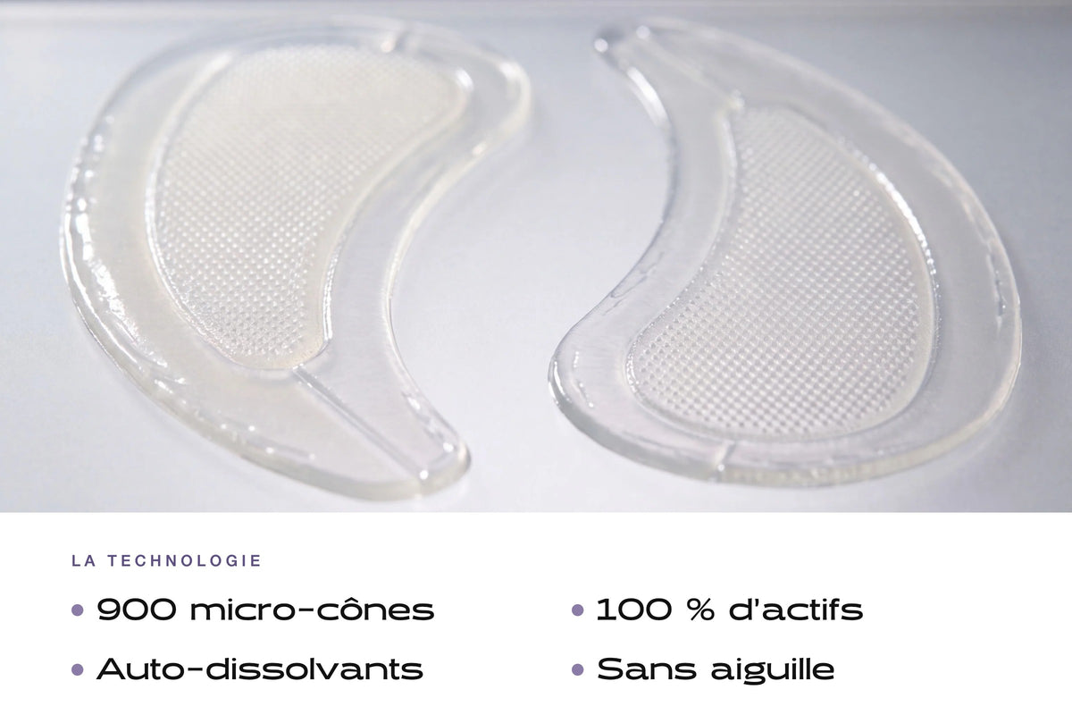Gros plan de la paire de patchs contour des yeux : 900 micro-cônes, 100 % d'actifs, auto-dissolvants, sans aiguille