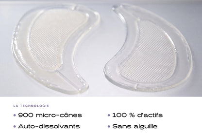 Gros plan de la paire de patchs contour des yeux : 900 micro-cônes, 100 % d'actifs, auto-dissolvants, sans aiguille