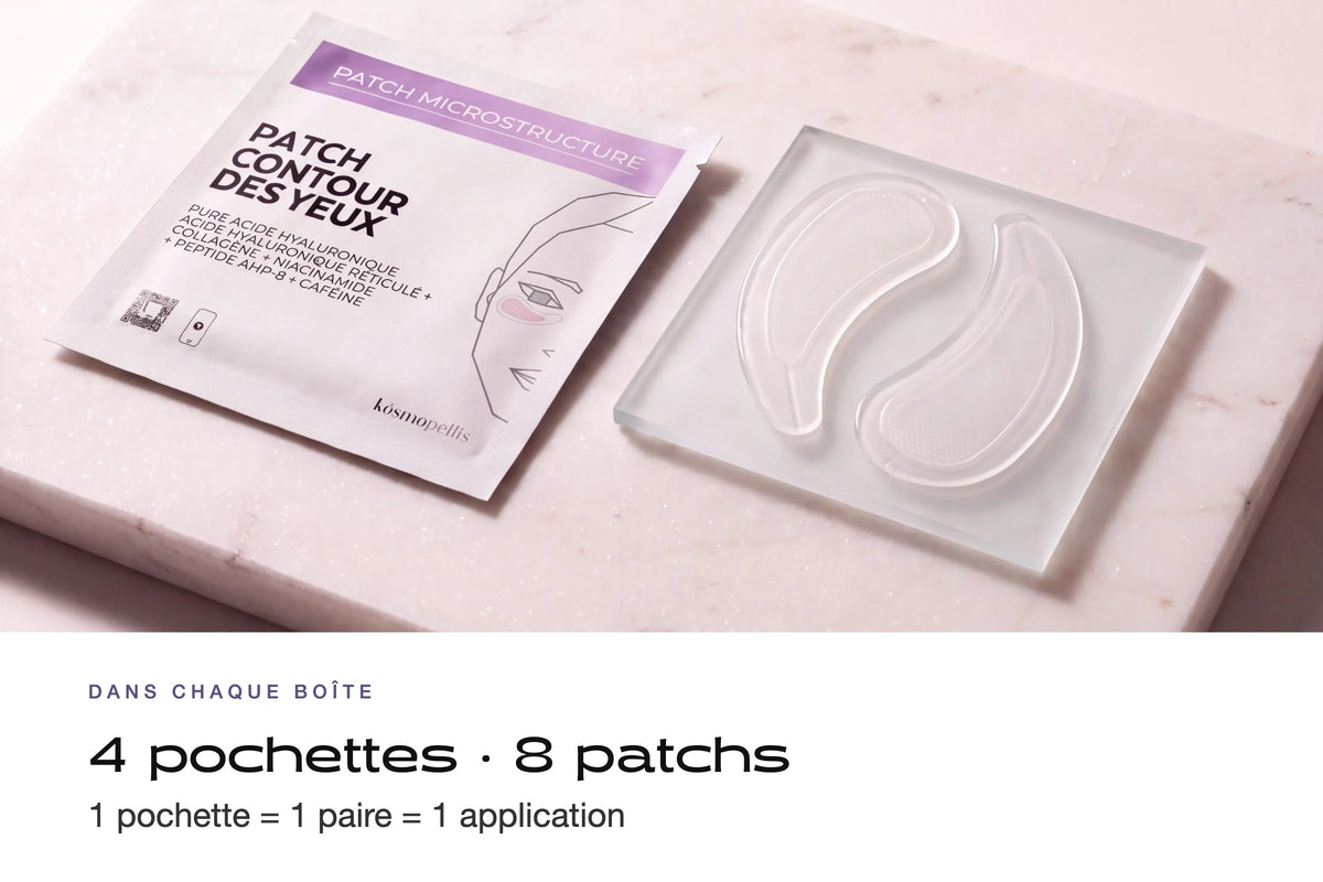 Contenu de la boîte Patch Contour des Yeux : 4 pochettes, 8 patchs, 1 paire par application